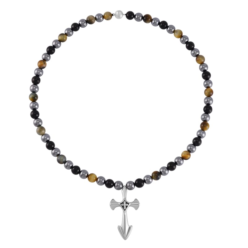 Terahertz, Tigers Eye and Shungite Beaded Necklace (24 Inches) in Sterling Silver with Stainless Steel Cross Charm 375.00 ctw