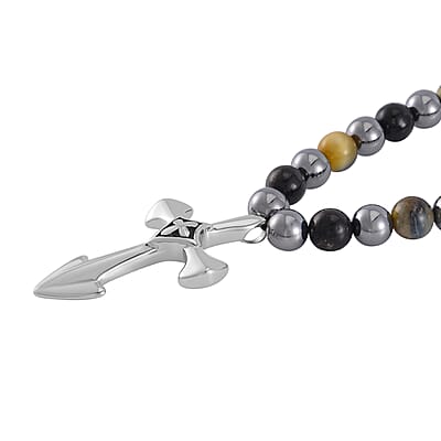Terahertz, Tigers Eye and Shungite Beaded Necklace (24 Inches) in Sterling Silver with Stainless Steel Cross Charm 375.00 ctw