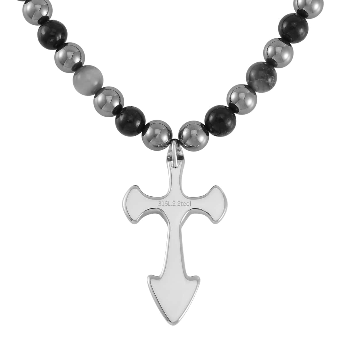 Terahertz, Tigers Eye and Shungite Beaded Men's Necklace (24 Inches) in Sterling Silver with Stainless Steel Cross Charm 375.00 ctw image number 4