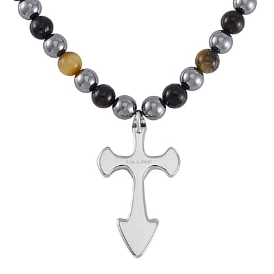 Terahertz, Tigers Eye and Shungite Beaded Necklace (24 Inches) in Sterling Silver with Stainless Steel Cross Charm 375.00 ctw
