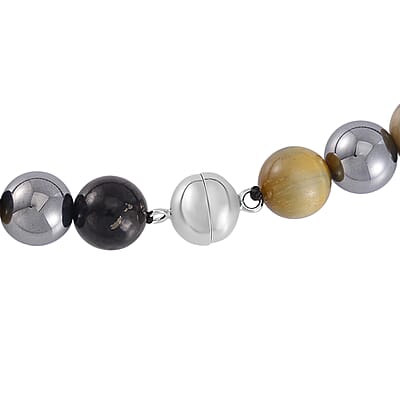 Terahertz, Tigers Eye and Shungite Beaded Necklace (24 Inches) in Sterling Silver with Stainless Steel Cross Charm 375.00 ctw