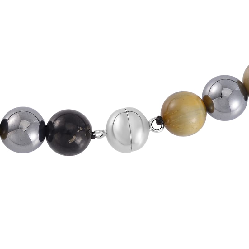 Terahertz, Tigers Eye and Shungite Beaded Necklace (24 Inches) in Sterling Silver with Stainless Steel Cross Charm 375.00 ctw