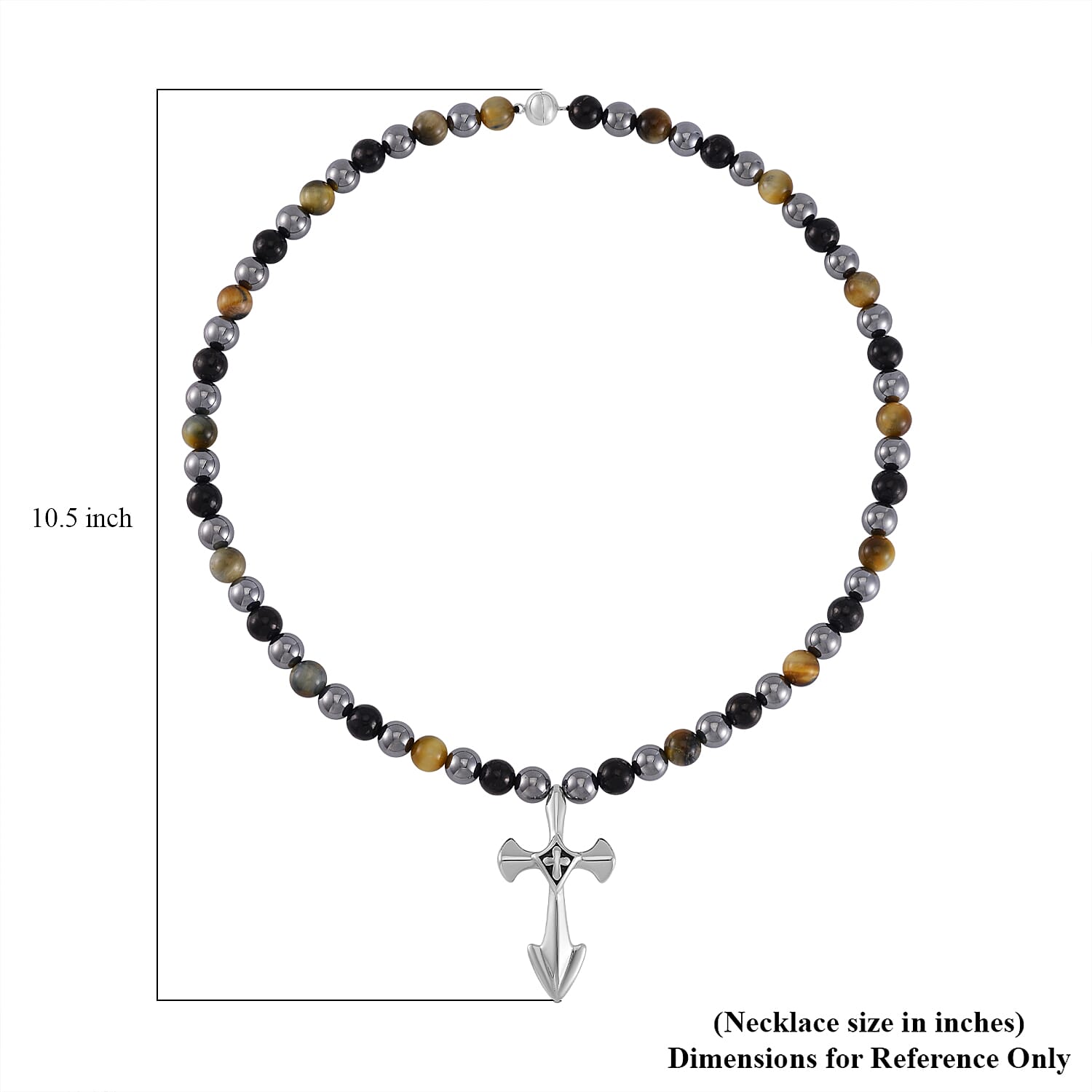 Terahertz, Tigers Eye and Shungite Beaded Necklace (24 Inches) in Sterling Silver with Stainless Steel Cross Charm 375.00 ctw