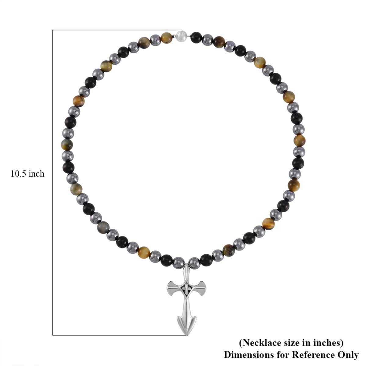 Terahertz, Tigers Eye and Shungite Beaded Men's Necklace (24 Inches) in Sterling Silver with Stainless Steel Cross Charm 375.00 ctw image number 6