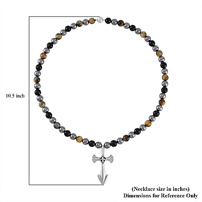 Terahertz, Tigers Eye and Shungite Beaded Necklace (24 Inches) in Sterling Silver with Stainless Steel Cross Charm 375.00 ctw
