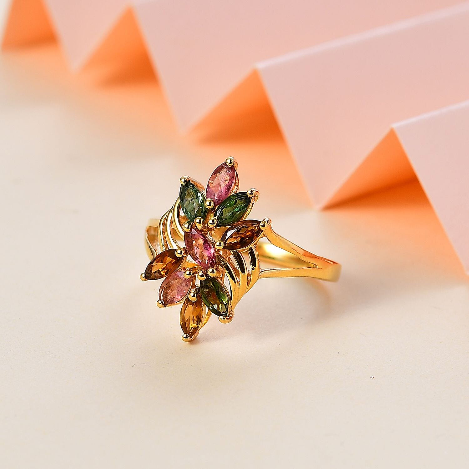 Multi-Tourmaline 1.26 ctw Ring in 18K Vermeil Yellow Gold Over Sterling Silver (Size 11.5)