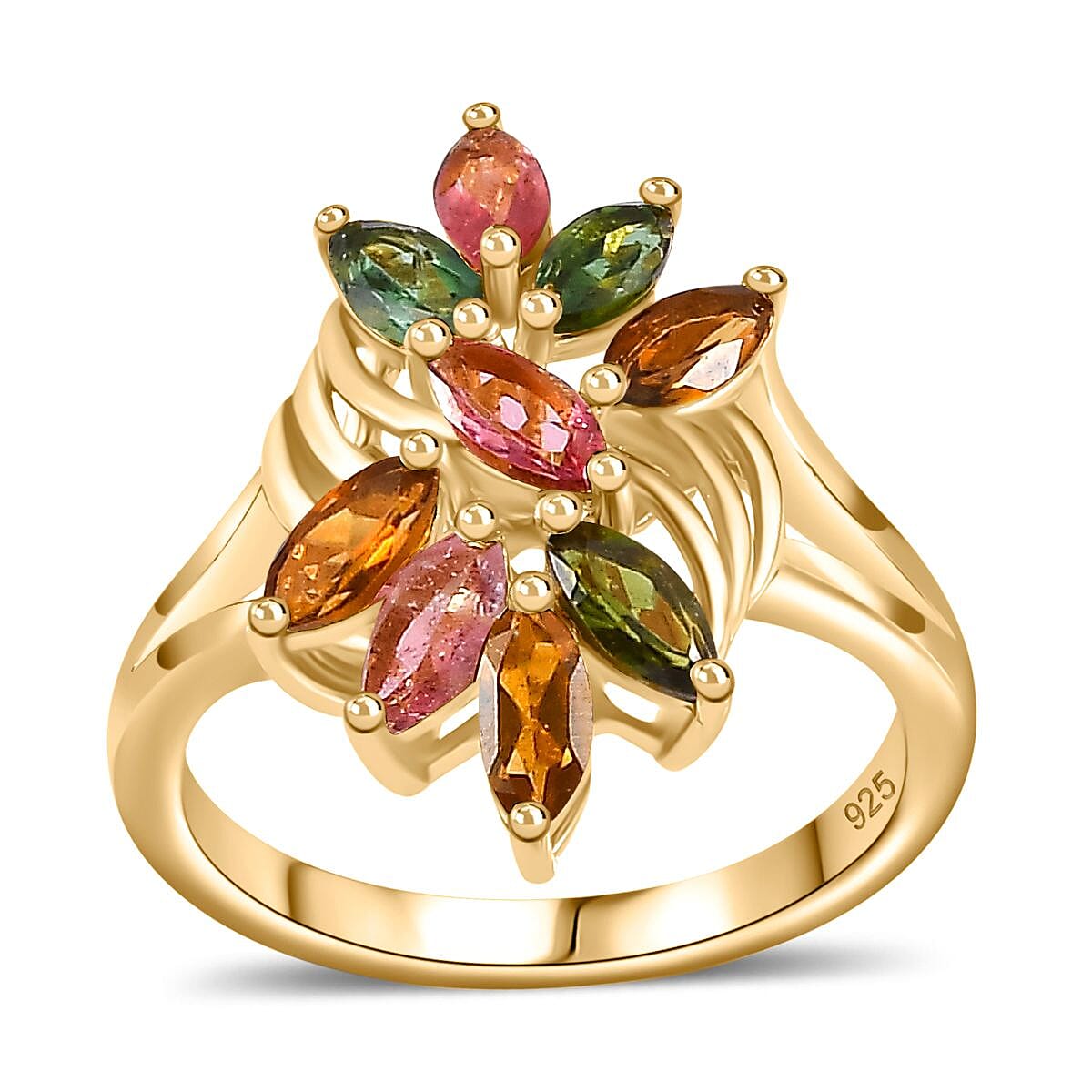 Multi-Tourmaline 1.26 ctw Ring in 18K Vermeil Yellow Gold Over Sterling Silver (Size 11.5)