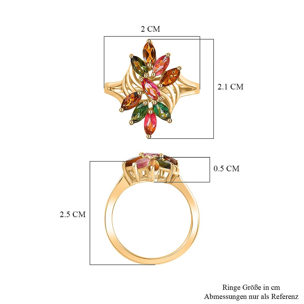 Multi-Tourmaline 1.26 ctw Ring in 18K Vermeil Yellow Gold Over Sterling Silver (Size 11.5)