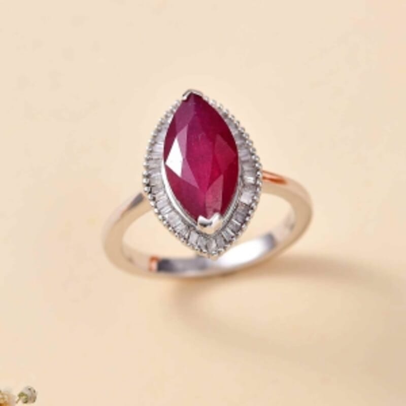 African Ruby and White Diamond 4.20 ctw Ring in Rhodium Over Sterling Silver (Size 10)
