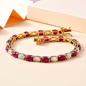 Premium Ethiopian Welo Opal 13.86 ctw Bracelet in 18K Vermeil Yellow Gold Over Sterling Silver (8 In) (11.02 g)