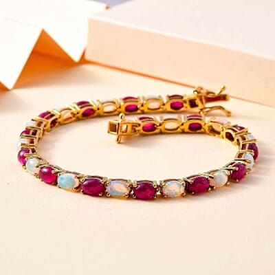 Premium Ethiopian Welo Opal and African Ruby (FF) 13.86 ctw Bracelet in 18K Vermeil Yellow Gold Over Sterling Silver (7.50 In)