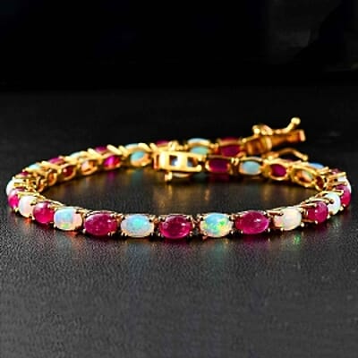 Premium Ethiopian Welo Opal and African Ruby (FF) 13.86 ctw Bracelet in 18K Vermeil Yellow Gold Over Sterling Silver (7.50 In)