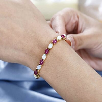 Premium Ethiopian Welo Opal and African Ruby (FF) 13.86 ctw Bracelet in 18K Vermeil Yellow Gold Over Sterling Silver (7.50 In)