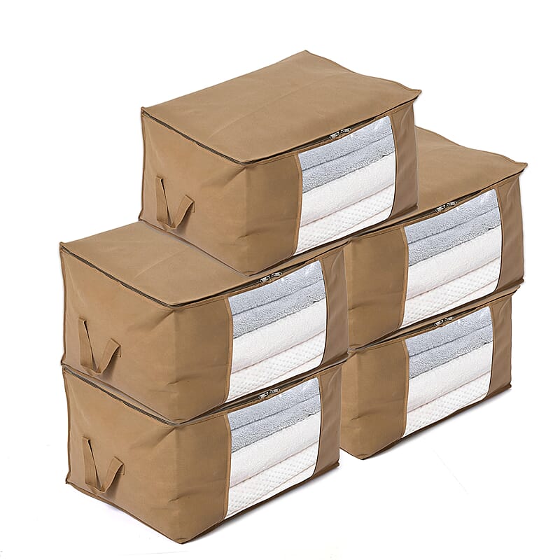 Set of 5 Dark Beige Non-Woven Fabric Storage Bag with Clear Window