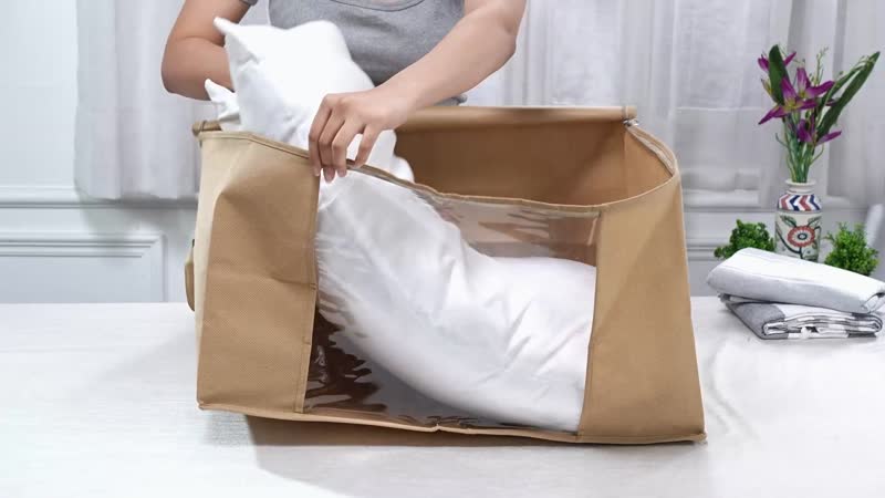 Set of 5 Beige Non Woven Fabric Storage Bag with Clear Window (23.6"x16.9"x 13.7")