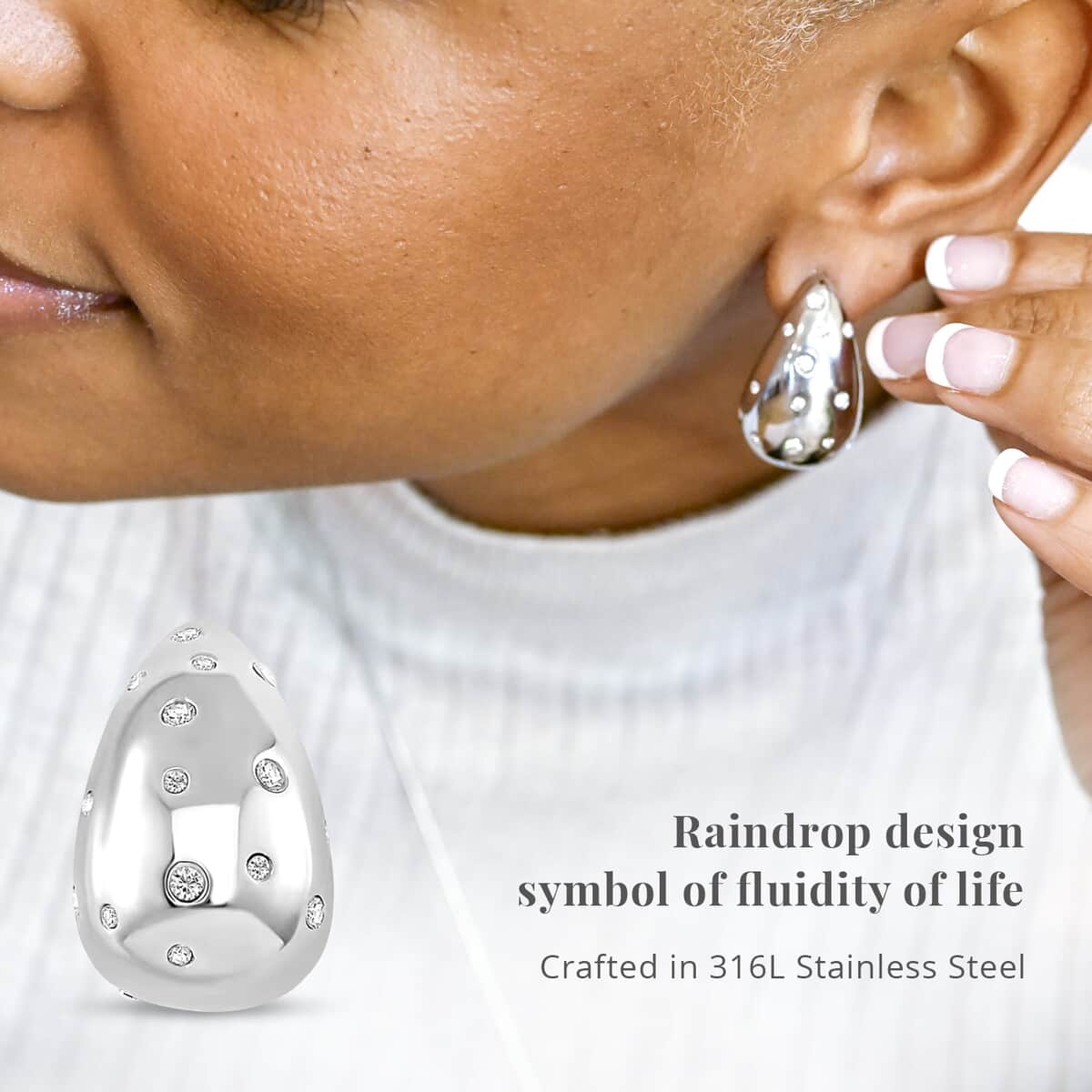 Raindrop Earrings in Hypoallergenic Stainless Steel and Simulated Diamonds image number 3