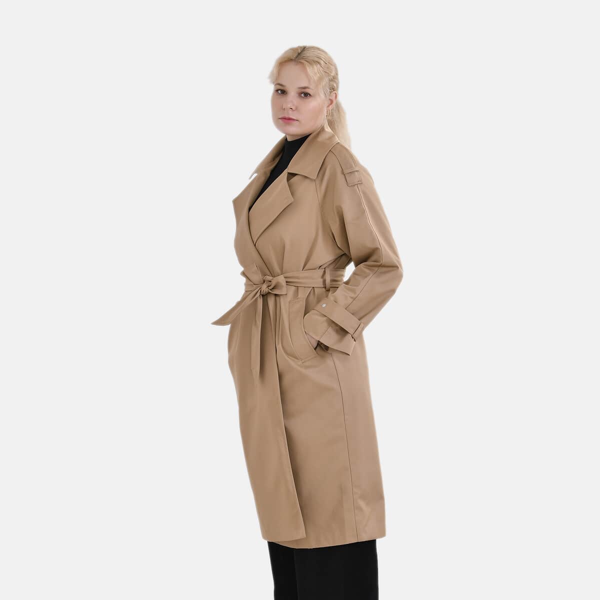 Tamsy Tan Water Resistant Trench Coat with Waist Belt and Pockets – S image number 2