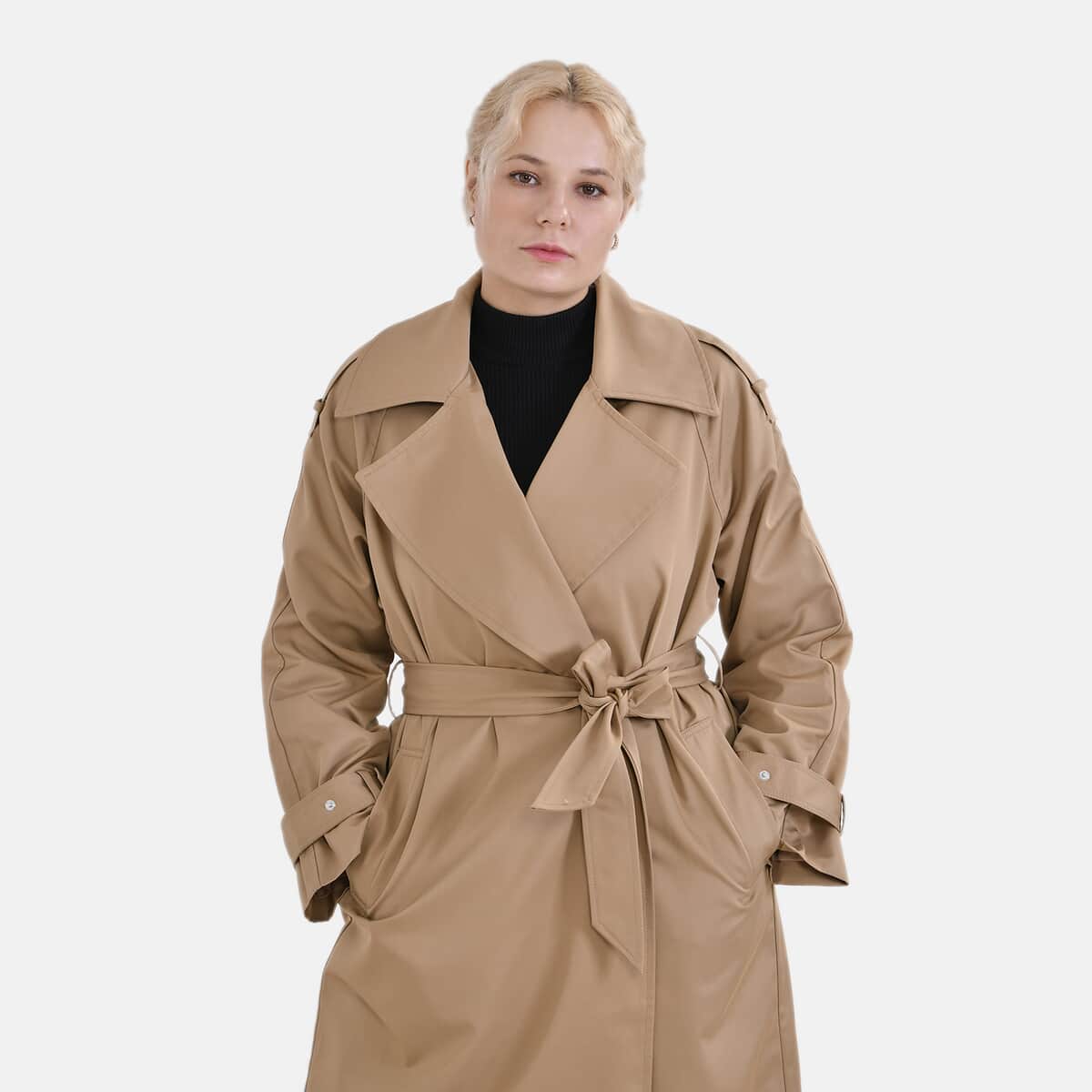 Tamsy Tan Water Resistant Trench Coat with Waist Belt and Pockets – S image number 3