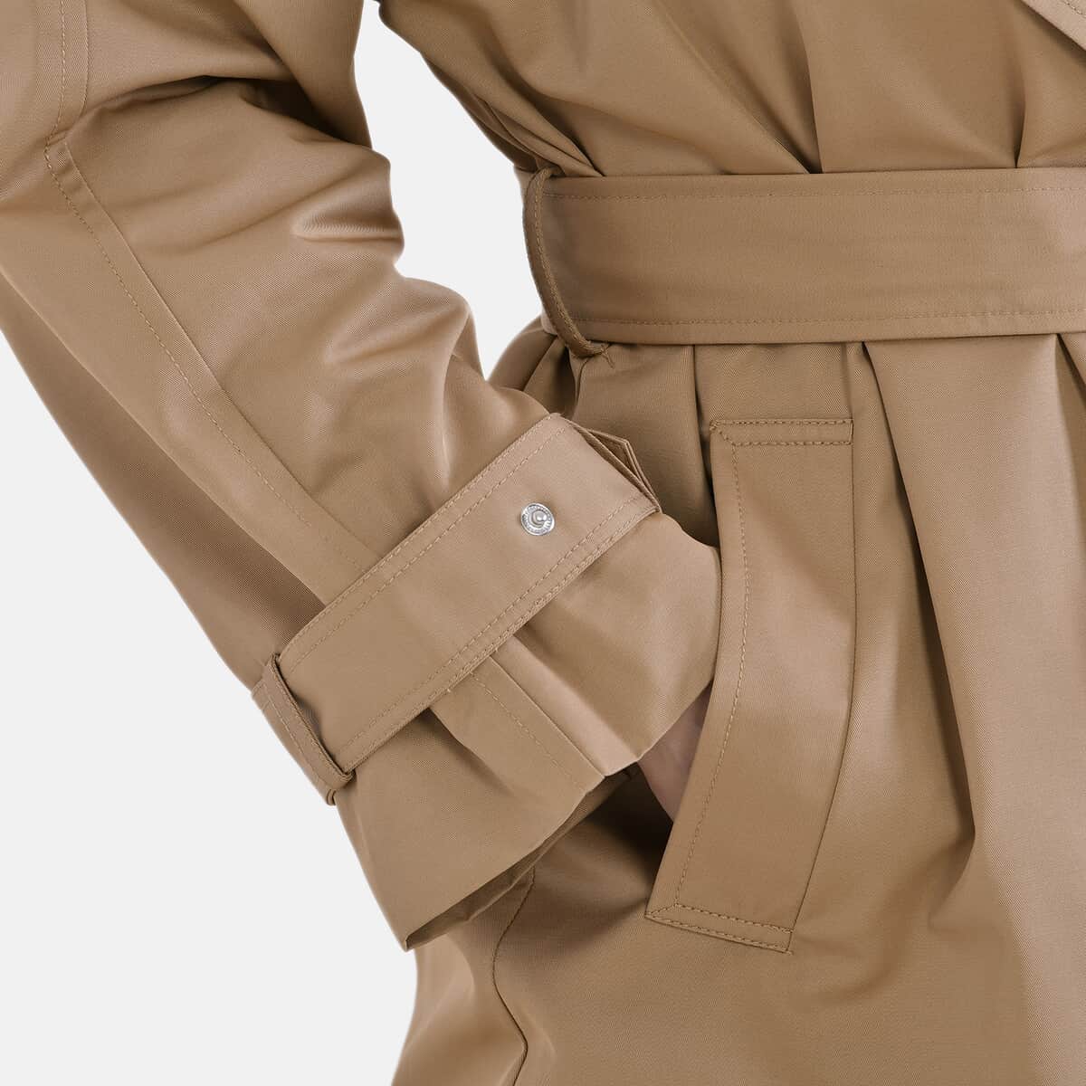 Tamsy Tan Water Resistant Trench Coat with Waist Belt and Pockets – S image number 4