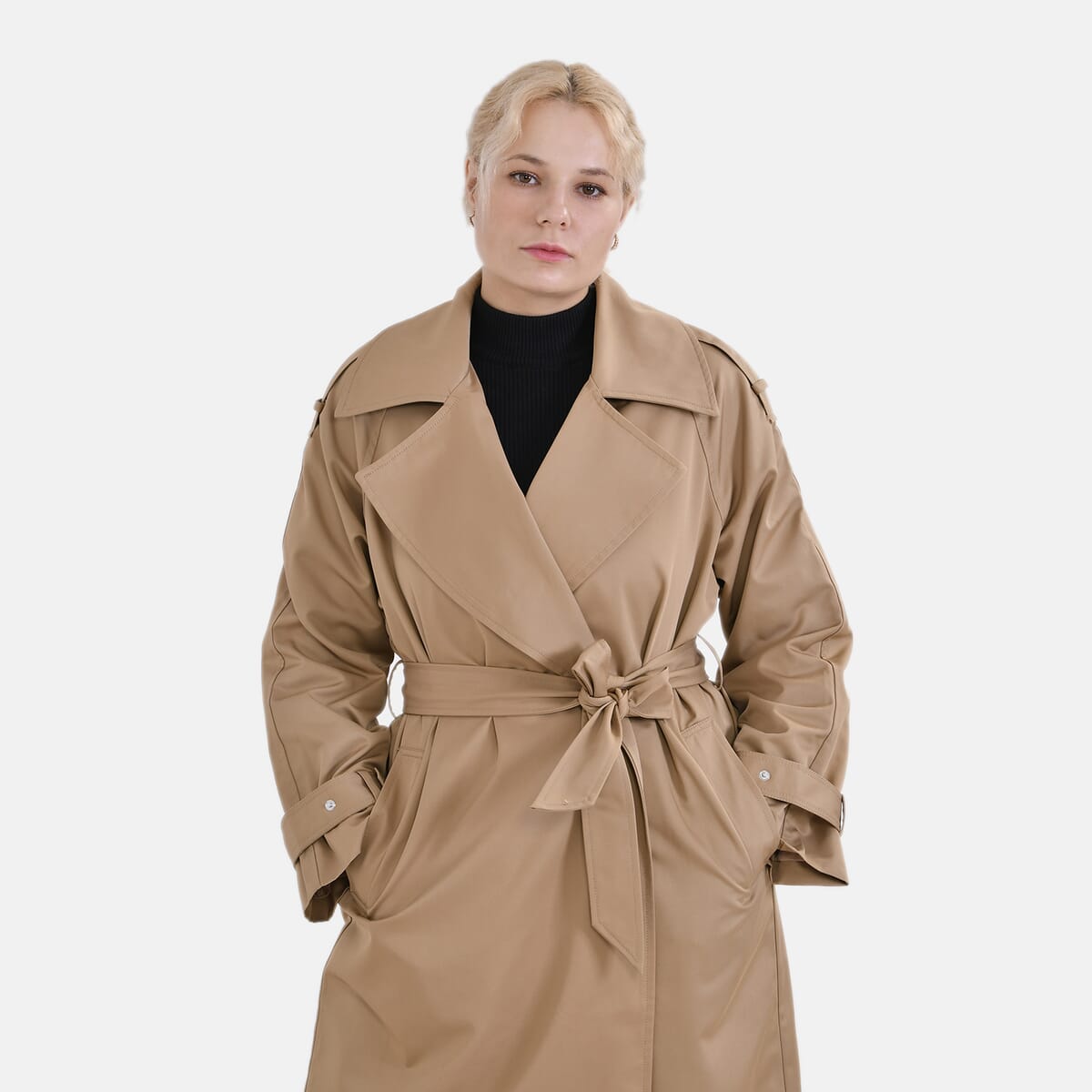 Tamsy Tan Water Resistant Trench Coat with Waist Belt and Pockets – M image number 3