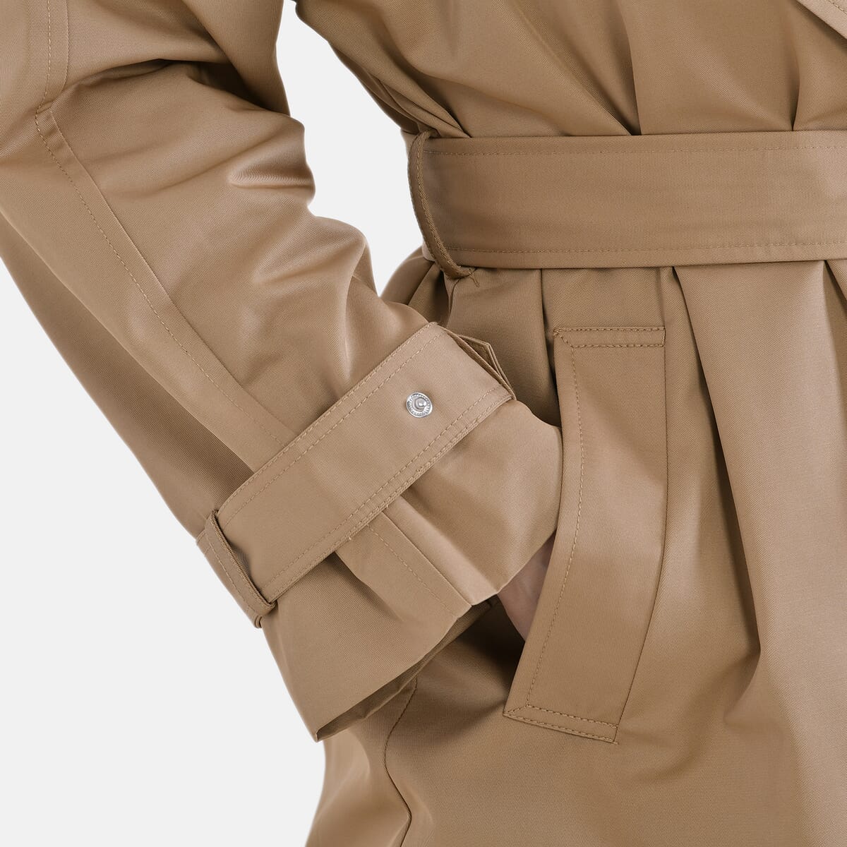 Tamsy Tan Water Resistant Trench Coat with Waist Belt and Pockets – M image number 4