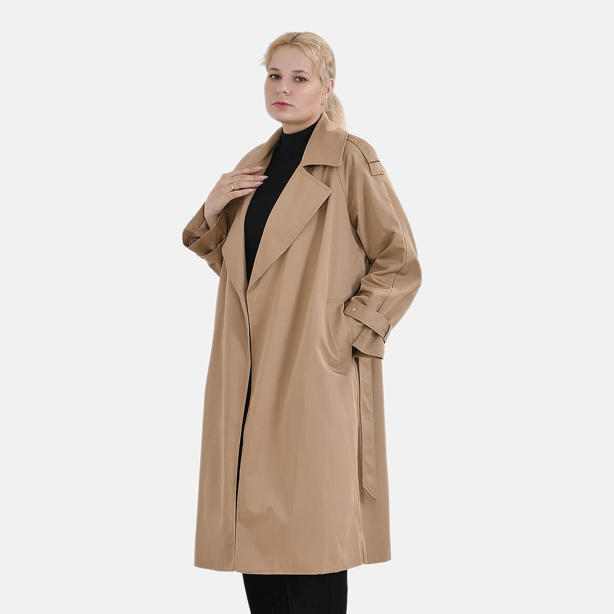 Tamsy Tan Water Resistant Trench Coat with Waist Belt and Pockets – L image number 0
