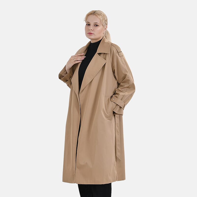 Tamsy Tan Water Resistant Trench Coat with Waist Belt and Pockets – L