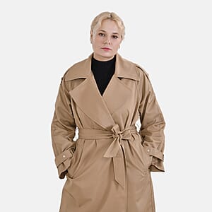 Tamsy Tan Water Resistant Trench Coat with Waist Belt and Pockets &ndash; L