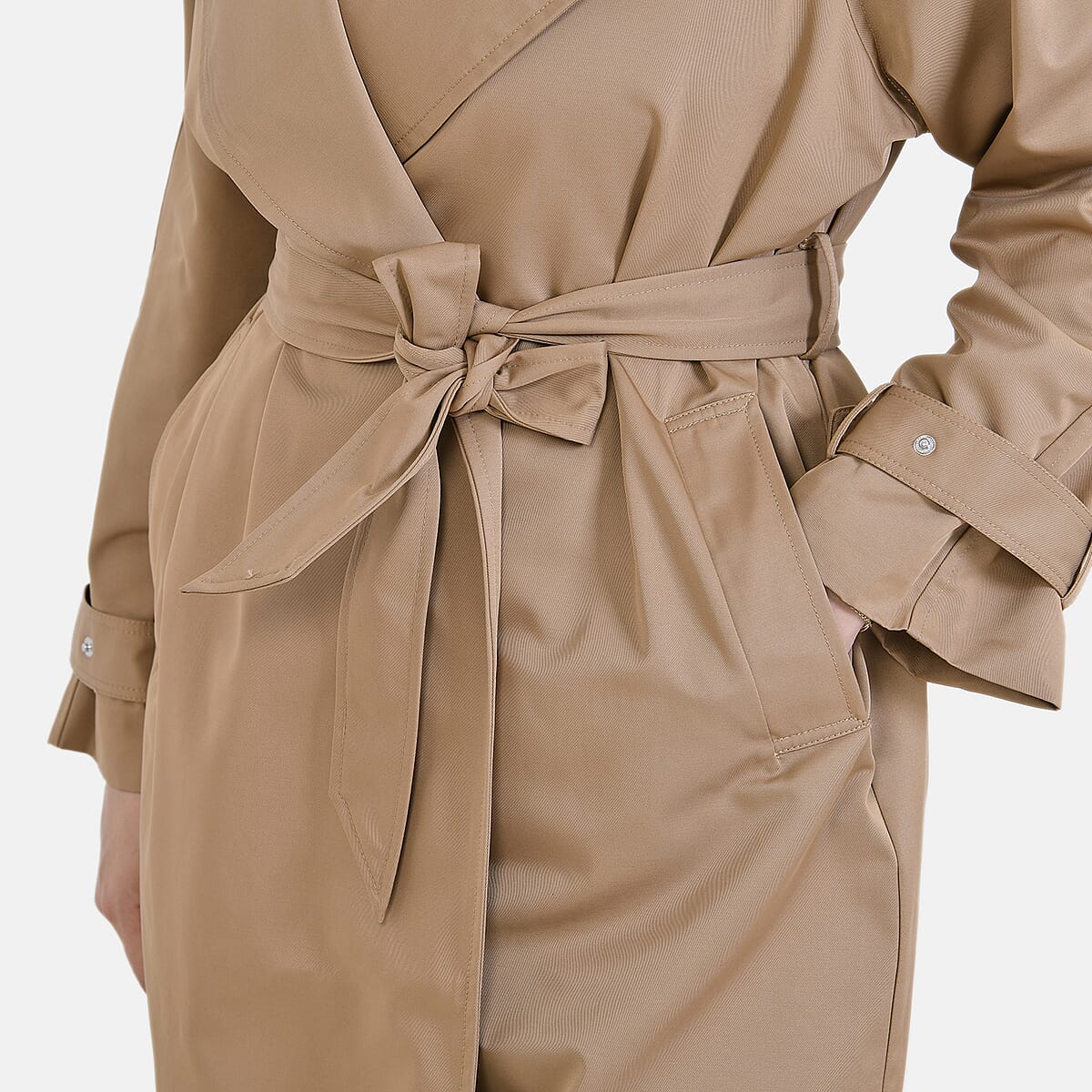 Tamsy Tan Water Resistant Trench Coat with Waist Belt and Pockets – L image number 5
