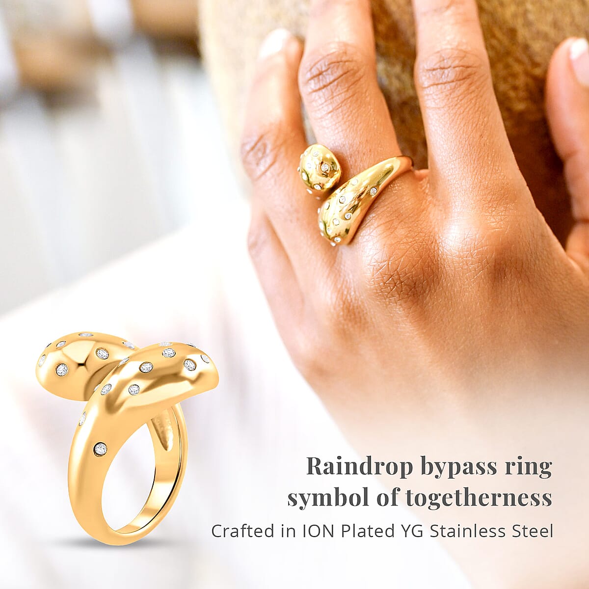 Raindrop Ring in 18Kt Yellow Gold over Hypoallergenic Stainless Steel and Simulated Diamonds (Size 6.0) 0.60 ctw image number 3