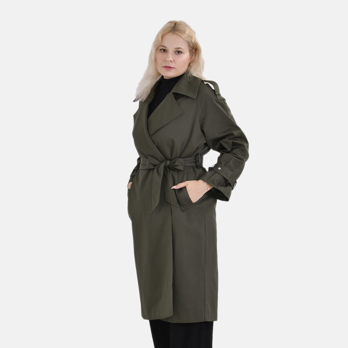 Tamsy Olive Water Resistant Trench Coat with Waist Belt and Pockets – L image number 0