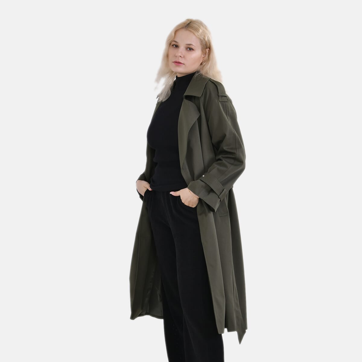 Tamsy Olive Water Resistant Trench Coat with Waist Belt and Pockets – L image number 2
