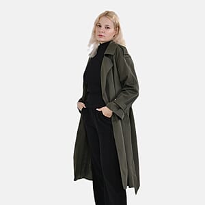 Tamsy Olive Water Resistant Trench Coat with Waist Belt and Pockets &ndash; L