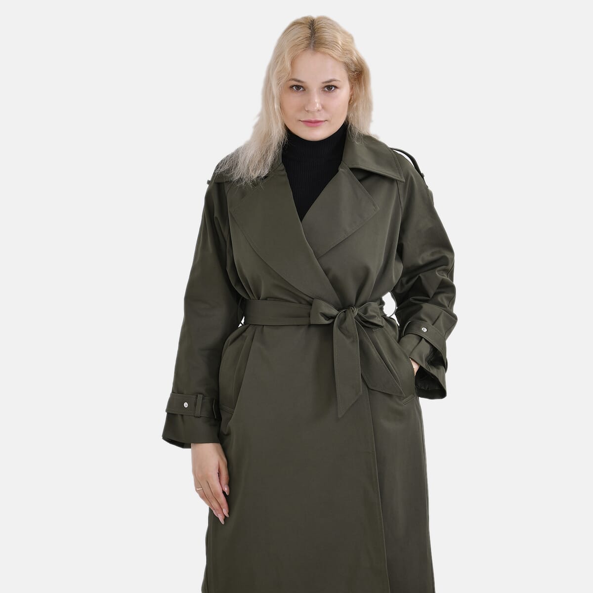 Tamsy Olive Water Resistant Trench Coat with Waist Belt and Pockets – L image number 3