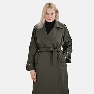Tamsy Olive Water Resistant Trench Coat with Waist Belt and Pockets &ndash; L