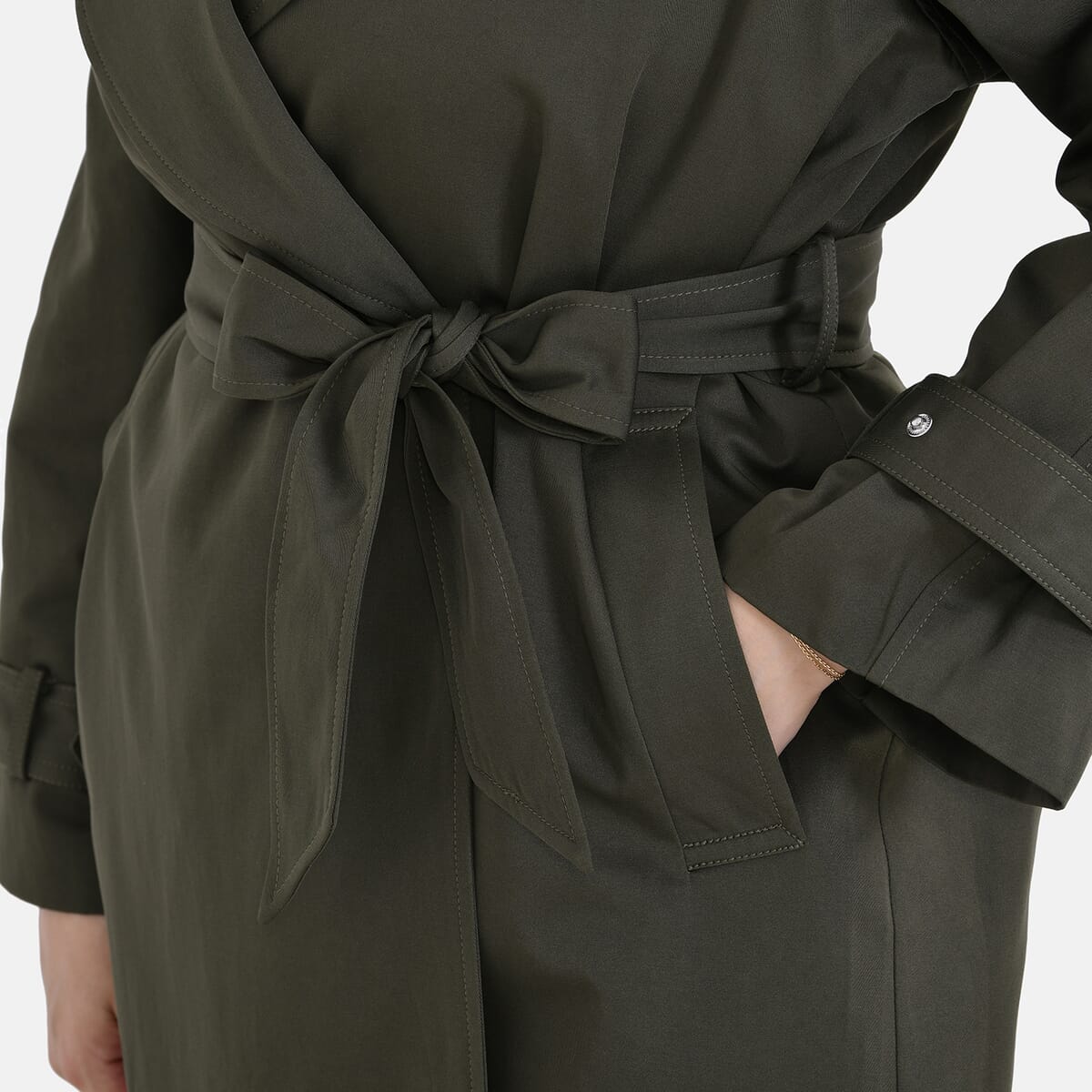 Tamsy Olive Water Resistant Trench Coat with Waist Belt and Pockets – L image number 4