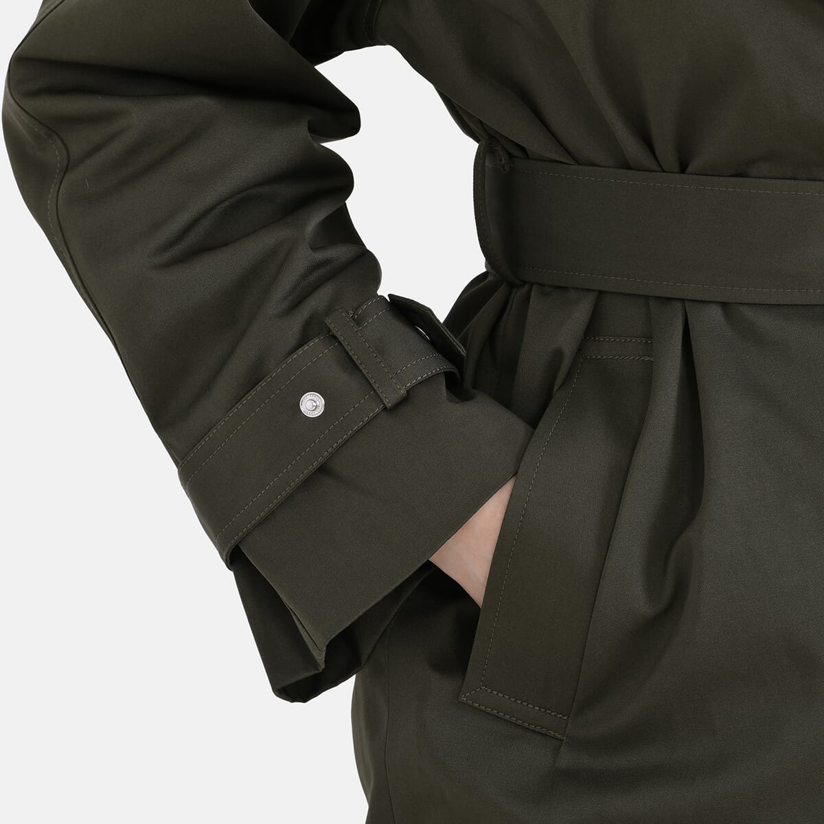 Tamsy Olive Water Resistant Trench Coat with Waist Belt and Pockets – L image number 5
