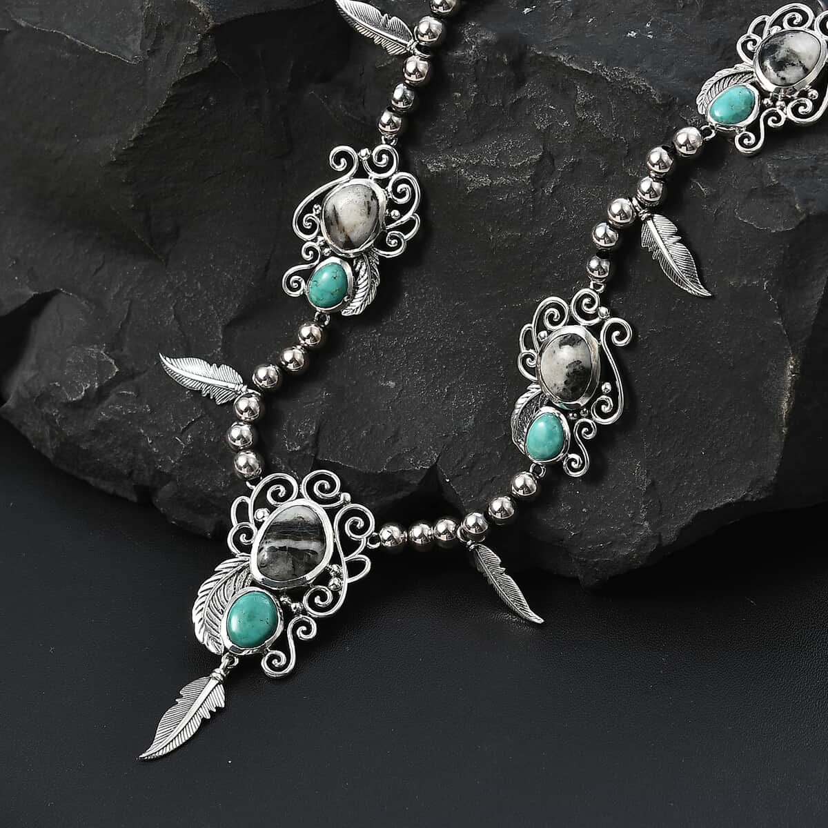 Artisan Crafted Sierra Nevada Turquoise and White Buffalo Feather Necklace 18-20 Inches in Black Oxidized Sterling Silver 25.50 ctw image number 1