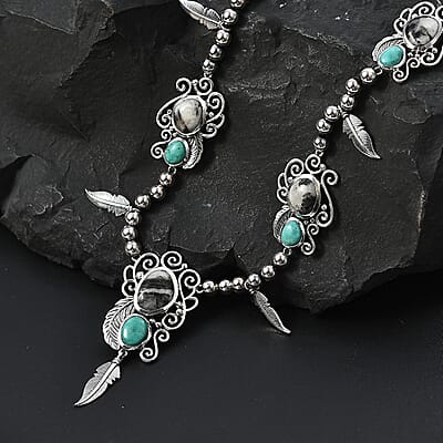 Artisan Crafted Sierra Nevada Turquoise and White Buffalo Feather Necklace 18-20 Inches in Black Oxidized Sterling Silver 25.50 ctw