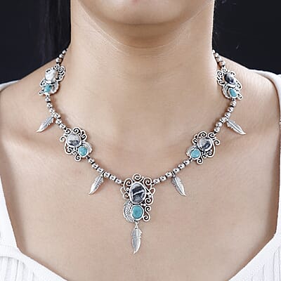Artisan Crafted Sierra Nevada Turquoise and White Buffalo Feather Necklace 18-20 Inches in Black Oxidized Sterling Silver 25.50 ctw