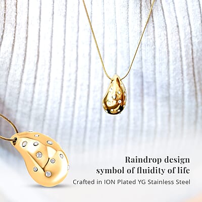 Raindrop Pendant Necklace in 18Kt Yellow Gold over Hypoallergenic Stainless Steel and Simulated Diamonds