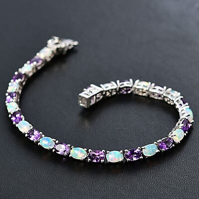 Uruguayan Amethyst and Ethiopian Welo Opal Tennis Bracelet in Platinum Over Sterling Silver (6.50 In) 9.00 ctw