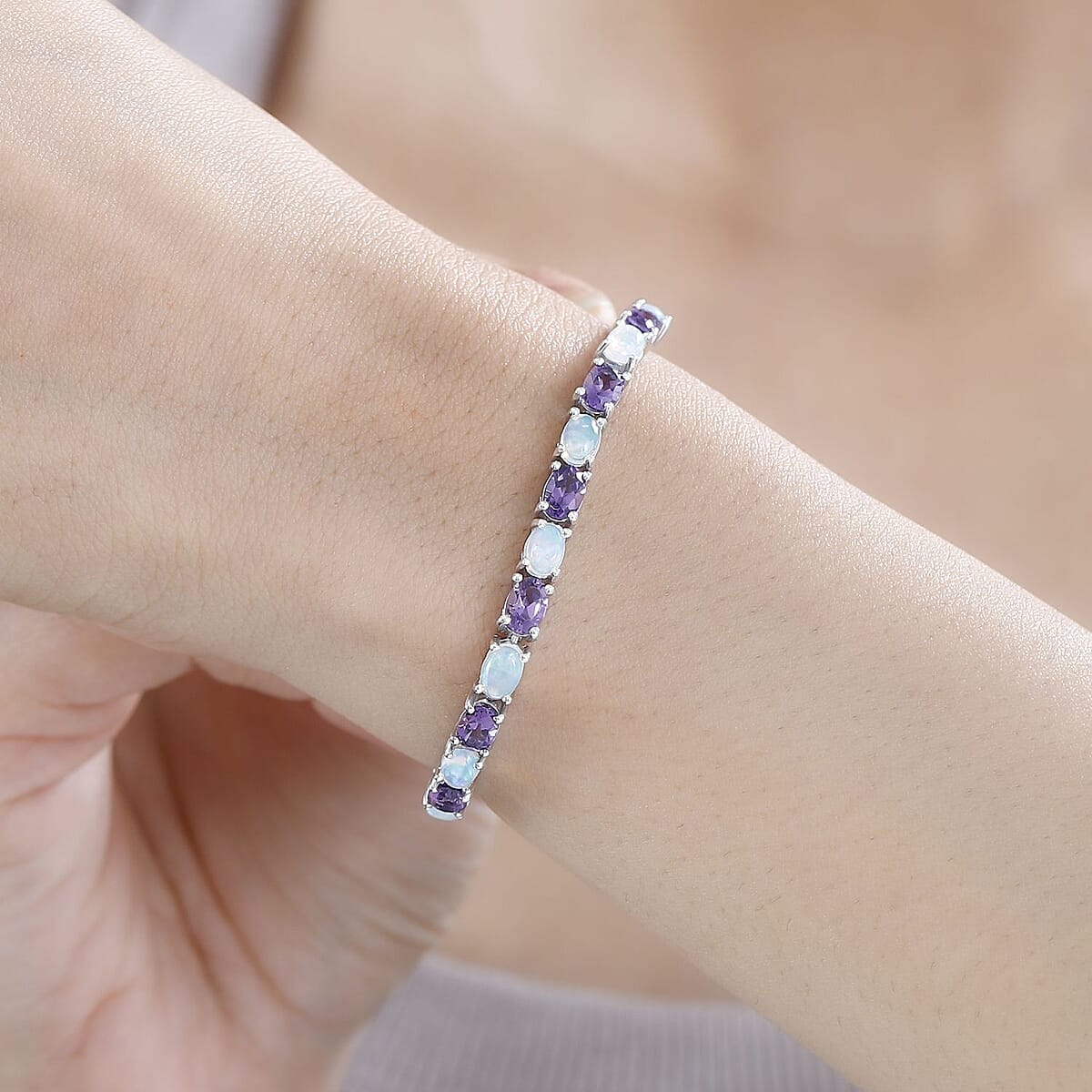 D'Joy Uruguayan Amethyst and Ethiopian Welo Opal Tennis Bracelet in Platinum Over Sterling Silver (8.00 In) 10.85 ctw image number 2