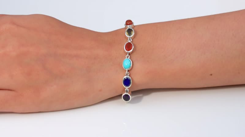Indian Artistry Multi Gemstone 9.10 ctw Seven Chakra Bracelet in Sterling Silver (6.50-8.0In)