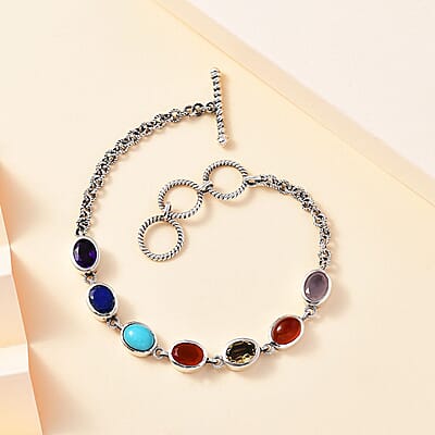 Indian Artistry Multi Gemstone 9.10 ctw Seven Chakra Bracelet in Sterling Silver (6.50-8.0In)