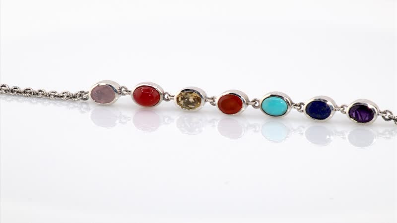 Indian Artistry Multi Gemstone 9.10 ctw Seven Chakra Bracelet in Sterling Silver (6.50-8.0In)