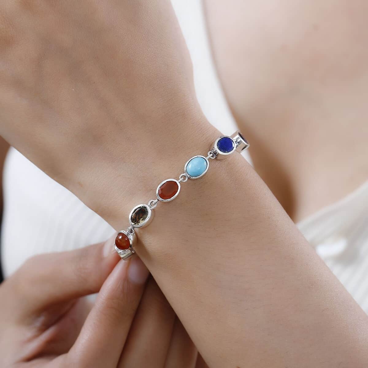 Indian Artistry Multi Gemstone 9.10 ctw Seven Chakra Bracelet in Sterling Silver (6.50-8.0In) image number 2