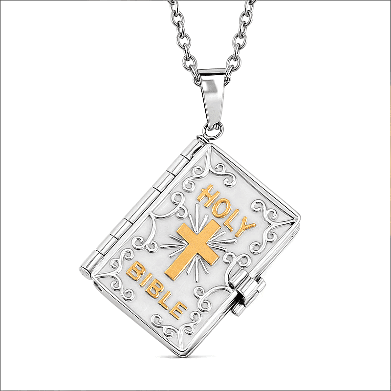 Openable Holy Cross Bible Pendant in ION Plated YG and Hypoallergenic Stainless Steel with Adjustable 24-28 Inch Necklace