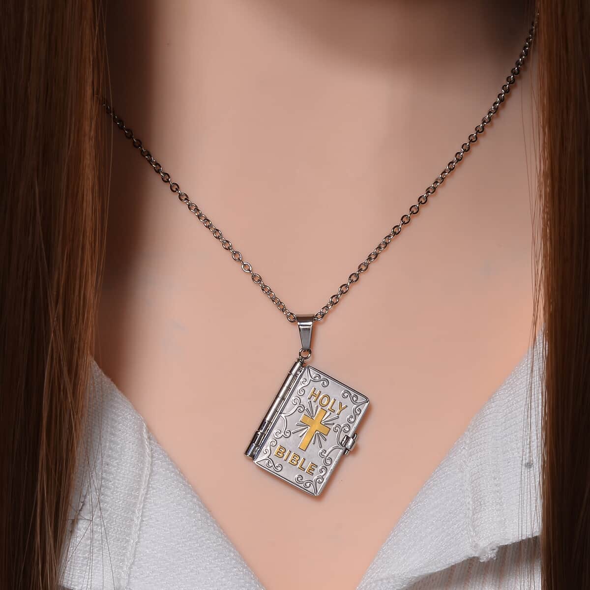 Bible Pendant Necklace 24 Inches in ION Plated YG and Stainless Steel image number 1