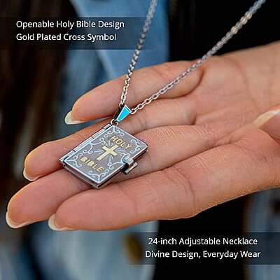 Openable Holy Cross Bible Pendant in ION Plated YG and Hypoallergenic Stainless Steel with Adjustable 24-28 Inch Necklace